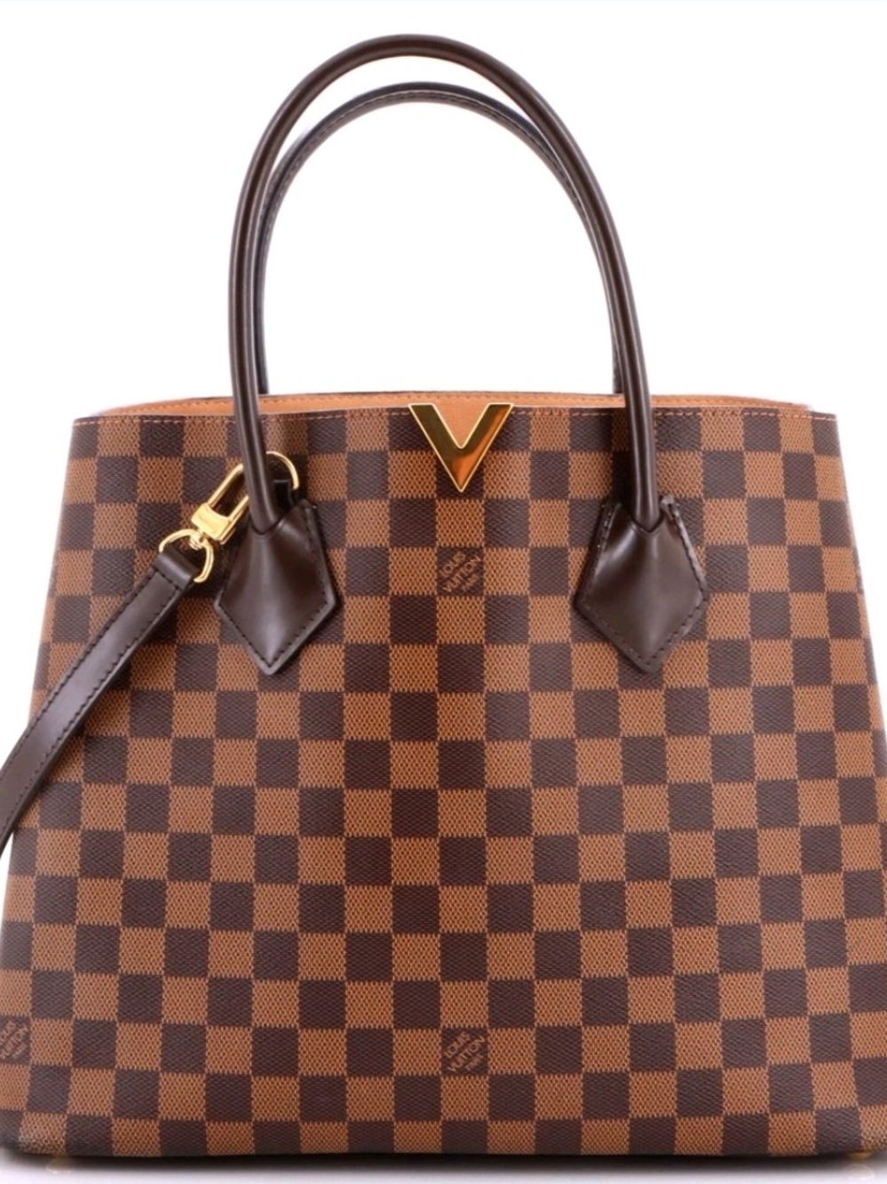 Authentic Lv Designer Brown Checkered Tote Bag with Gold Accent